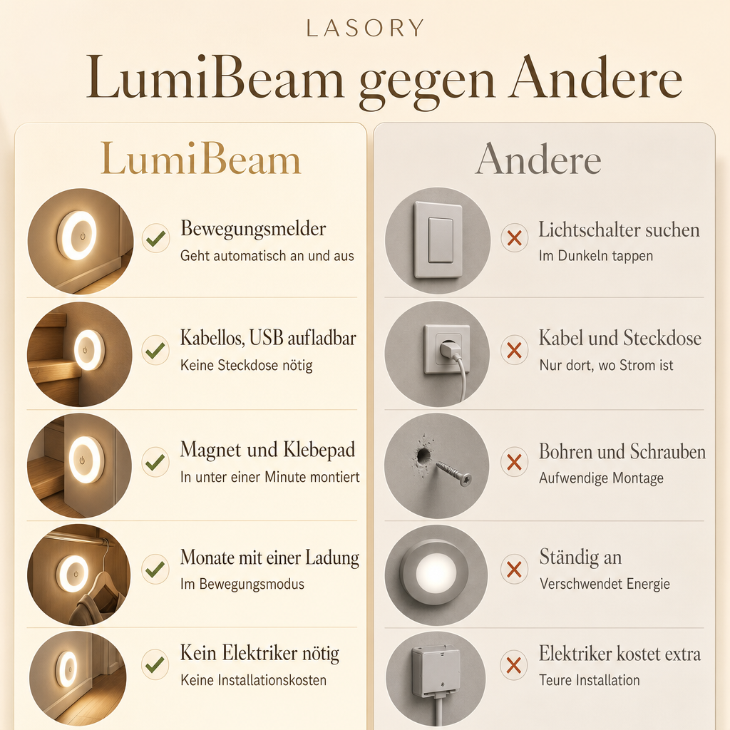 LumiBeam im Vergleich: Bewegungsmelder, kabellos, USB aufladbar, Magnet und Klebepad