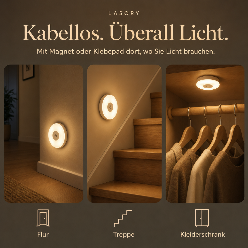 Kabelloses LumiBeam Sensorlicht im Flur, an der Treppe und im Kleiderschrank