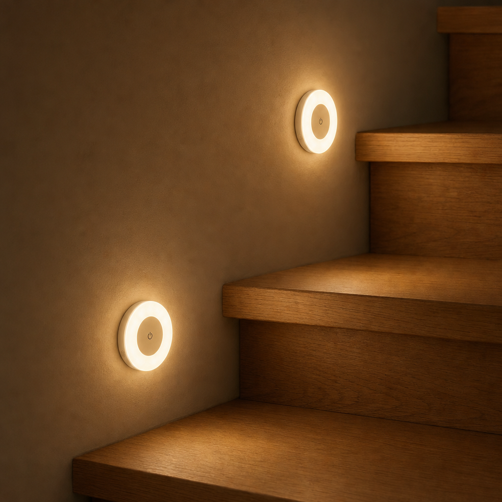 Zwei LumiBeam Treppenlichter mit Bewegungsmelder an der Holztreppe