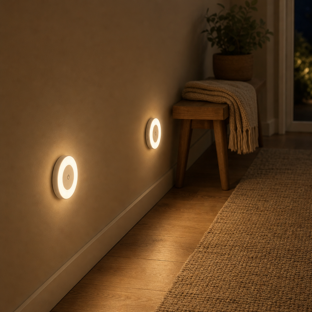 Zwei LumiBeam Nachtlichter mit Bewegungsmelder im Flur bei Nacht