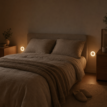 Zwei LumiBeam Nachtlichter neben dem Bett im Schlafzimmer