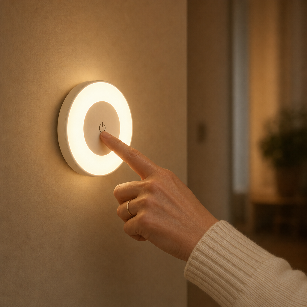 Hand drückt die Taste des LumiBeam LED Nachtlichts