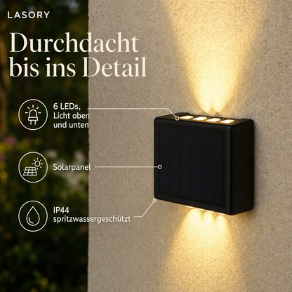 SolarGlow Details: Solarpanel, 6 LEDs mit Licht oben und unten, IP44 spritzwassergeschützt