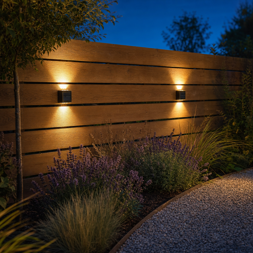 Zwei SolarGlow Solarleuchten am Gartenzaun in der Dämmerung