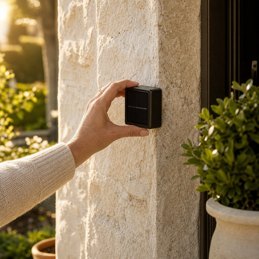 Hand bringt die Solar Wandleuchte SolarGlow an der Hauswand an