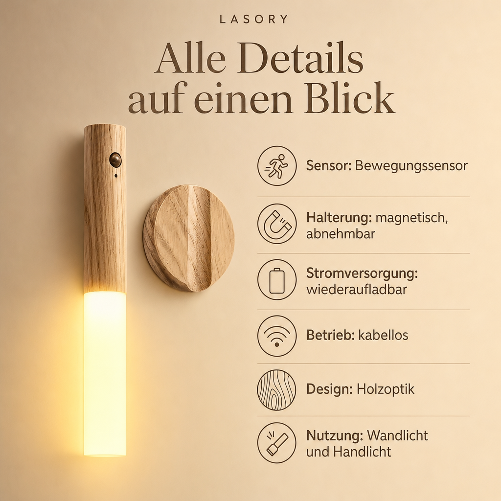 LumiWood technische Daten: Bewegungssensor, magnetisch abnehmbar, wiederaufladbar, kabellos, Holzoptik