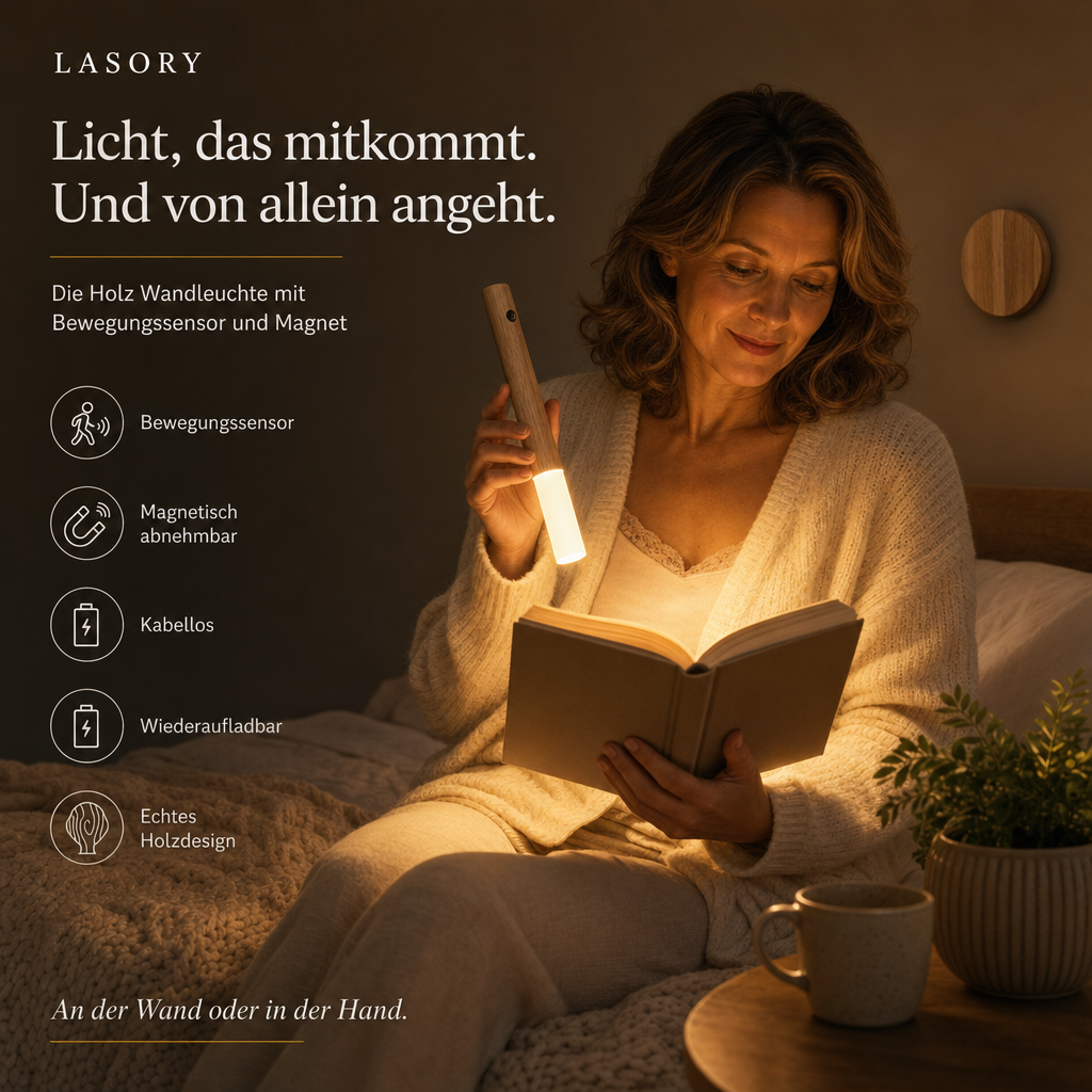 Frau liest im Licht der abnehmbaren Holz Wandleuchte LumiWood als Handlicht