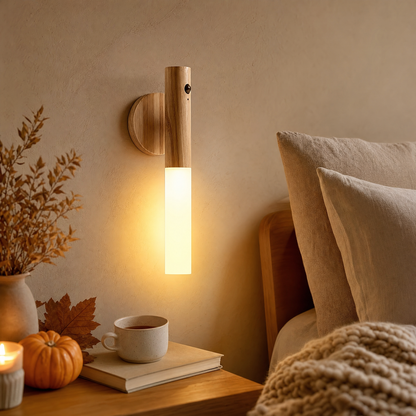 Holz Wandleuchte LumiWood mit Bewegungsmelder an der Wand neben dem Bett