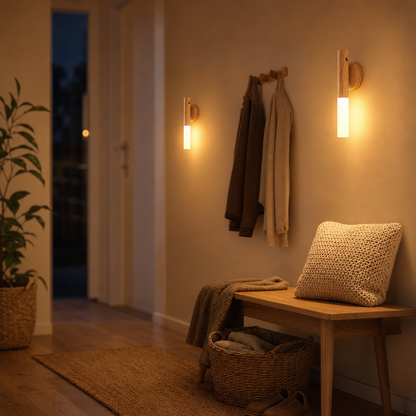 Zwei LumiWood Holz Wandleuchten im gemütlichen Flur am Abend