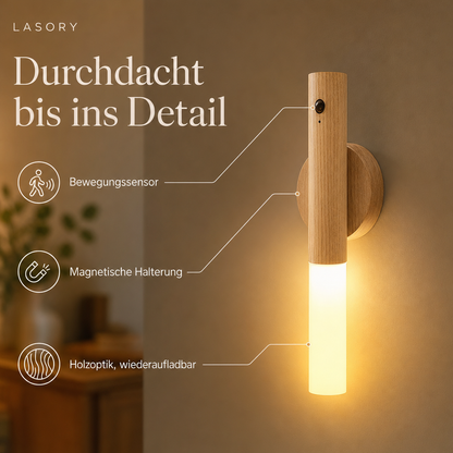 LumiWood Details: Bewegungssensor, magnetische Halterung, Holzoptik, wiederaufladbar