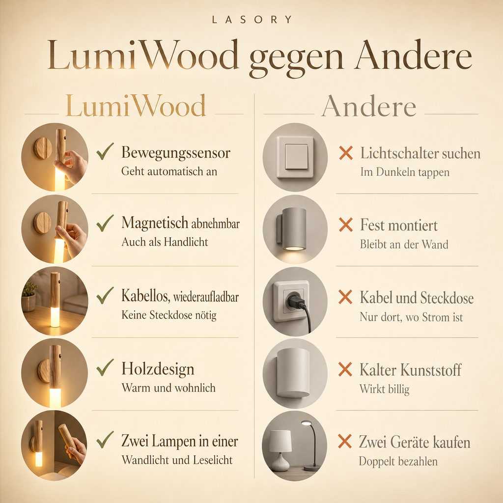 LumiWood im Vergleich: Bewegungssensor, magnetisch abnehmbar, kabellos, Holzdesign