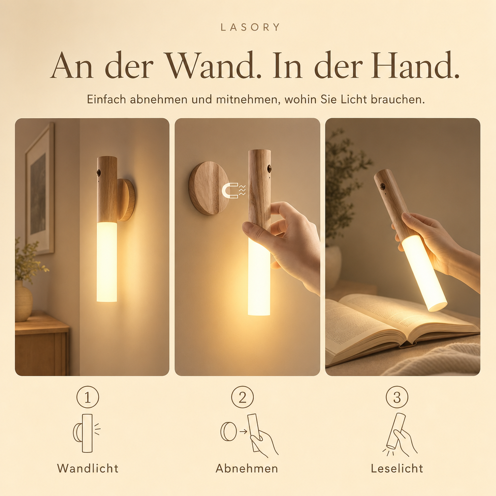 LumiWood an der Wand und in der Hand: Wandlicht, abnehmen, Leselicht