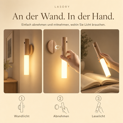LumiWood an der Wand und in der Hand: Wandlicht, abnehmen, Leselicht