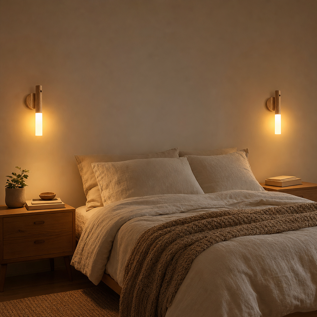 Zwei LumiWood Holz Wandleuchten als Leselampen links und rechts vom Bett