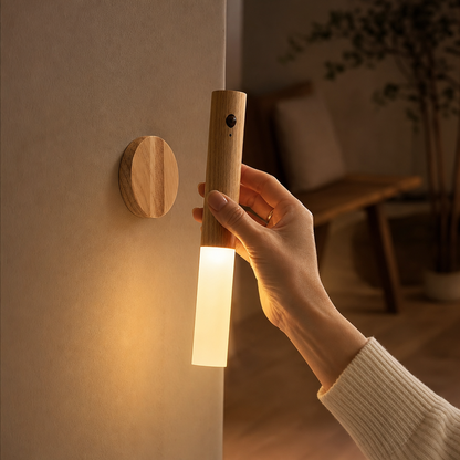 Hand nimmt die LumiWood Holzleuchte von der magnetischen Wandhalterung