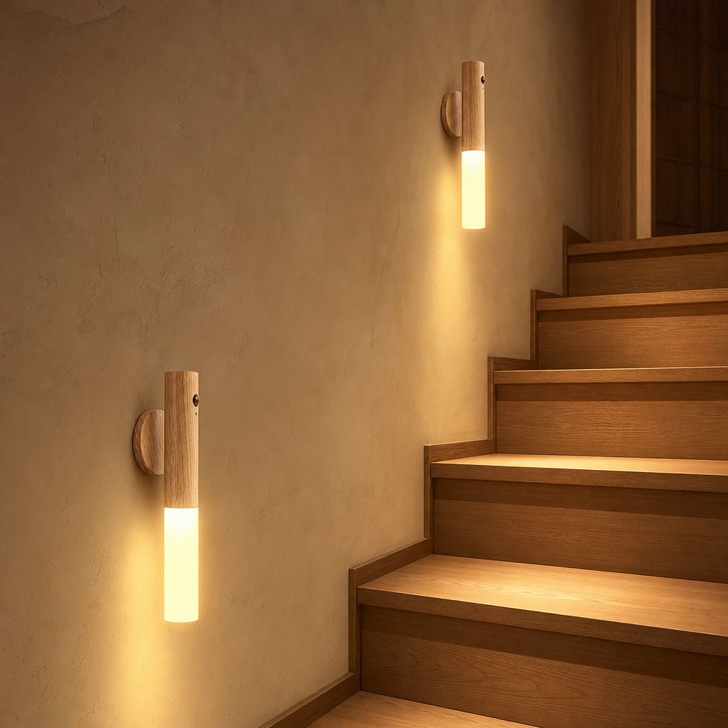 Zwei LumiWood Holz Wandleuchten beleuchten die Holztreppe