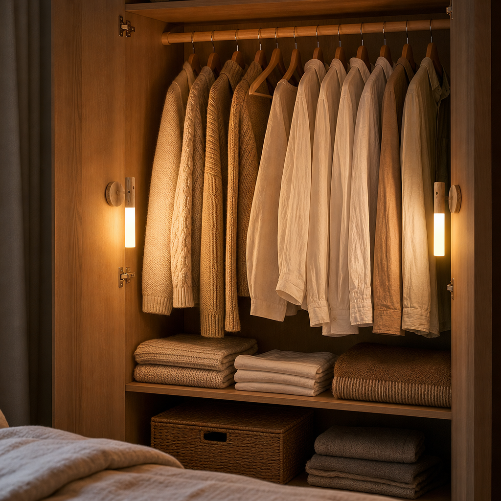 Zwei LumiWood Holzleuchten mit Bewegungsmelder im Kleiderschrank