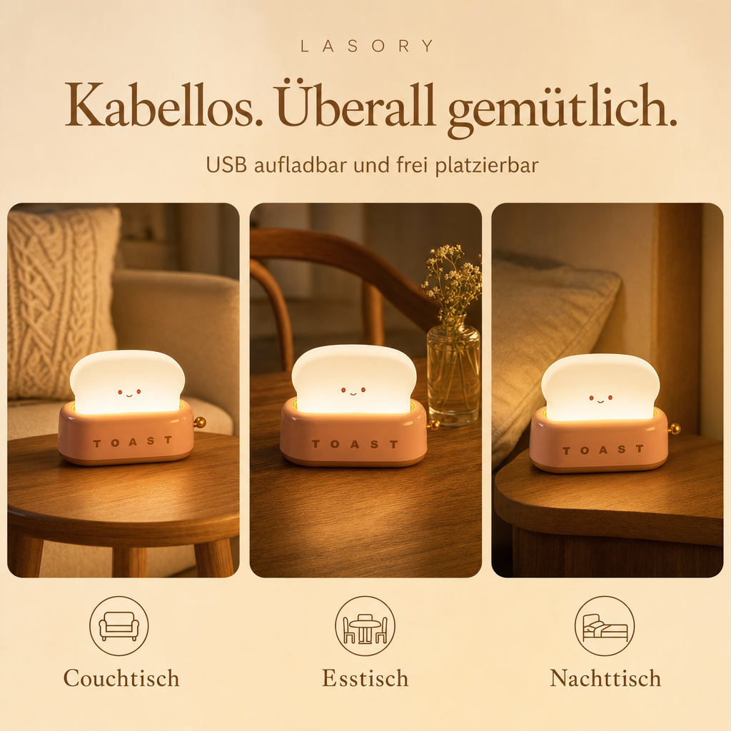 Kabellose Toaster Tischlampe ToastLight auf Couchtisch, Esstisch und Nachttisch