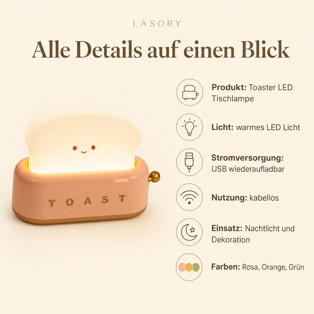 ToastLight technische Daten: USB wiederaufladbar, kabellos, warmes LED Licht