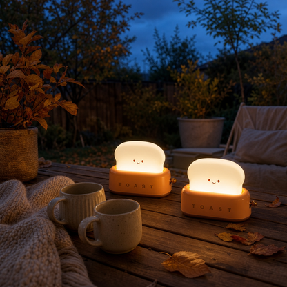 Zwei kabellose Toaster Lampen ToastLight auf der Terrasse in der Dämmerung