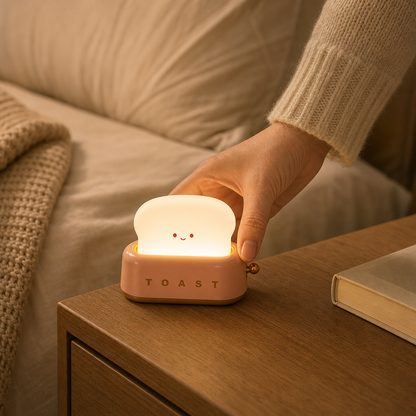 Hand stellt das Toaster Nachtlicht ToastLight auf den Nachttisch
