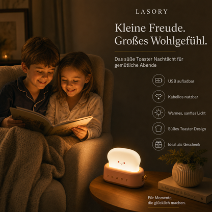 Junge und Mädchen lesen im Sessel neben dem Toaster Nachtlicht ToastLight, Kinderzimmer Lampe USB aufladbar