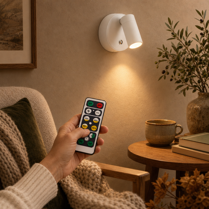 Hand hält die Fernbedienung der weißen kabellosen EasyLight Wandleuchte in einer gemütlichen Leseecke