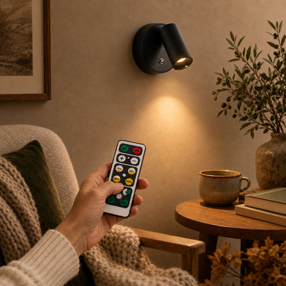Hand hält die Fernbedienung der schwarzen kabellosen EasyLight Wandleuchte