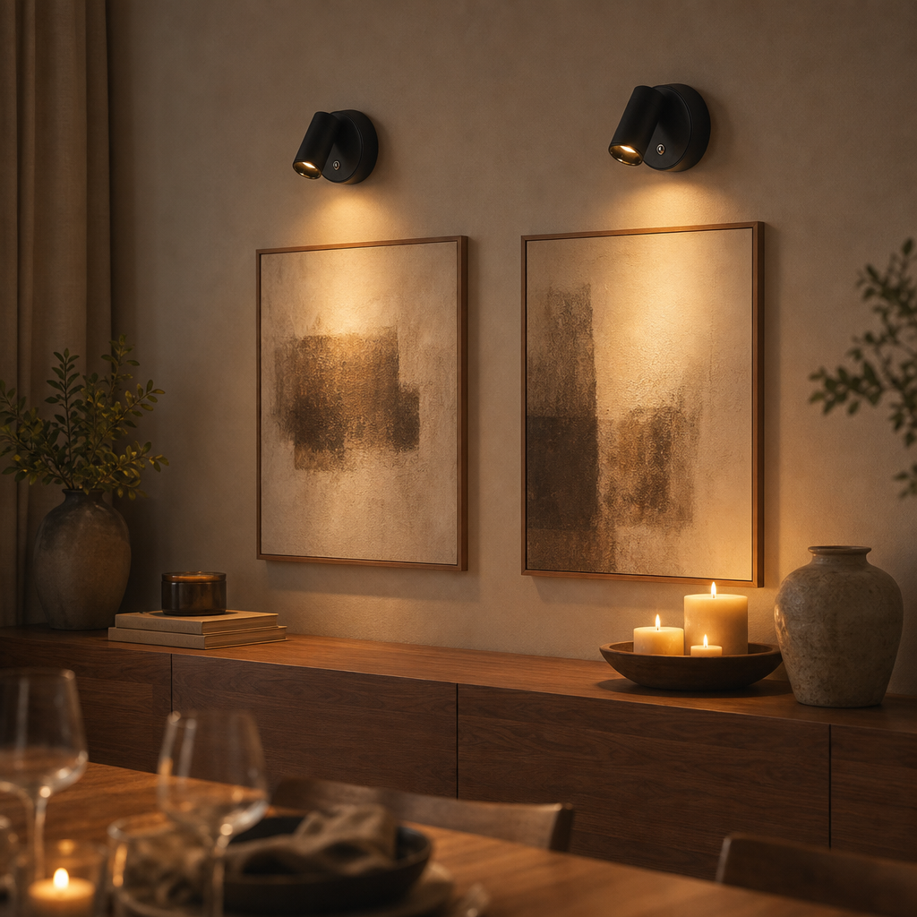Zwei schwarze EasyLight Bilderleuchten beleuchten Wandbilder über dem Sideboard