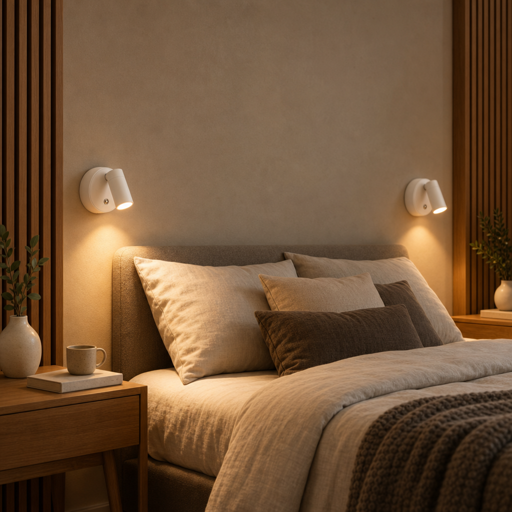 Zwei weiße kabellose EasyLight Wandleuchten als Leselicht links und rechts vom Bett