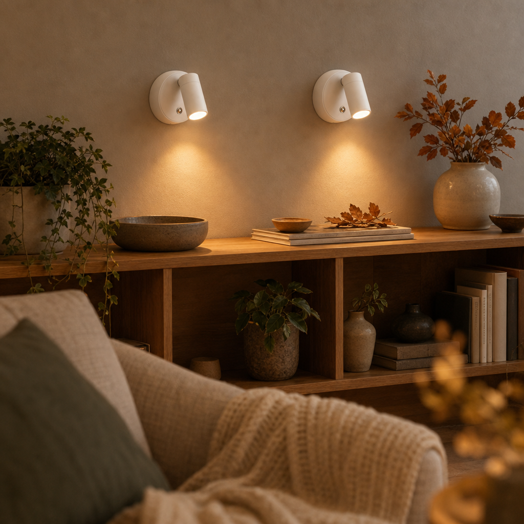 Zwei weiße EasyLight LED Spots beleuchten ein Eichenregal im Wohnzimmer
