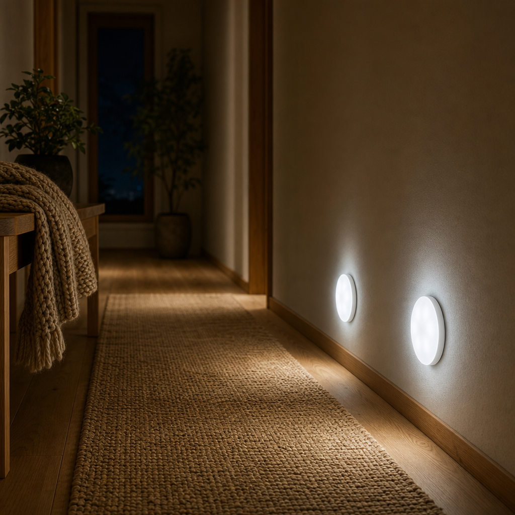 Zwei LumiBeam Nachtlichter mit Bewegungsmelder beleuchten nachts den Flurboden