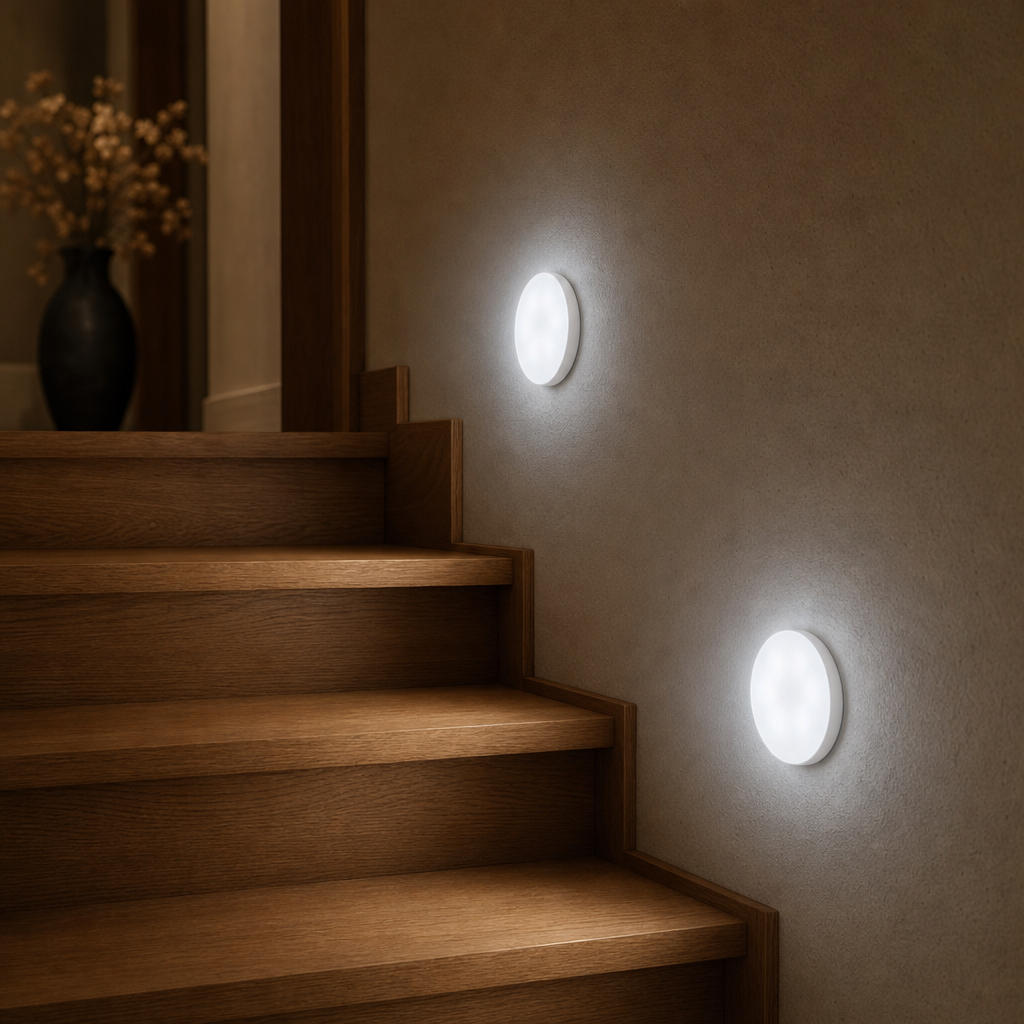 Zwei LumiBeam Treppenlichter mit Bewegungsmelder an der Holztreppe