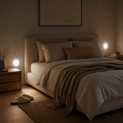 Zwei LumiBeam Nachtlichter neben dem Bett im Schlafzimmer