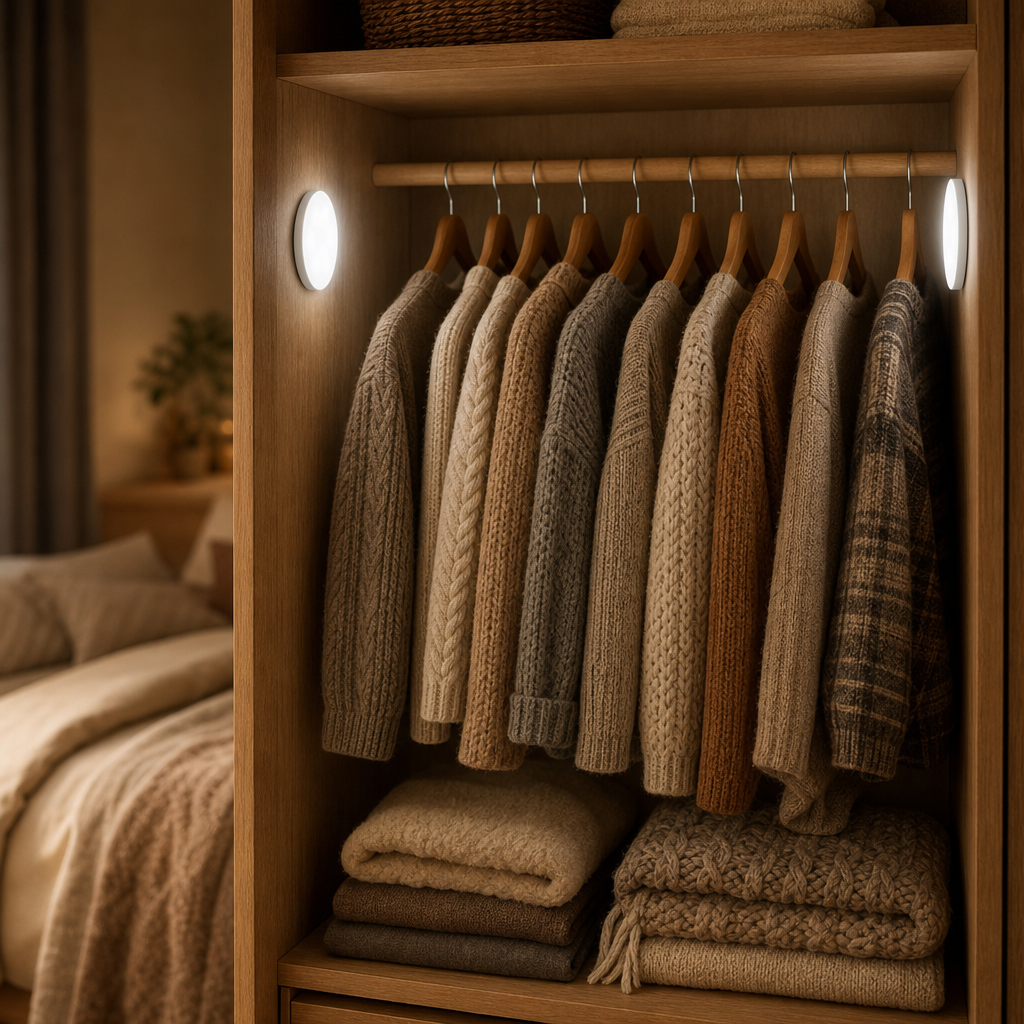 Zwei LumiBeam Schrankleuchten in einem Kleiderschrank aus Eiche