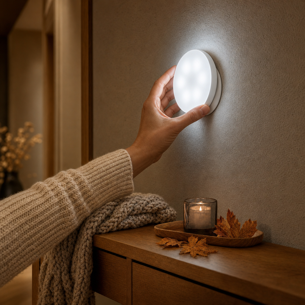 Hand setzt das LumiBeam Nachtlicht auf die magnetische Wandhalterung