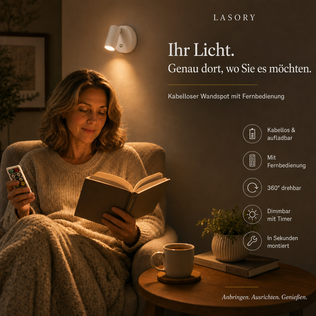 Frau liest im Sessel unter der kabellosen EasyLight Wandleuchte mit Fernbedienung, dimmbar mit Timer