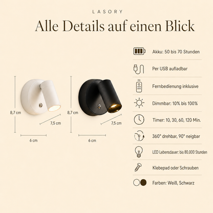 EasyLight alle Details auf einen Blick: 6 x 7,5 x 8,7 cm, Akku 50 bis 70 Stunden, USB aufladbar, Fernbedienung, Timer