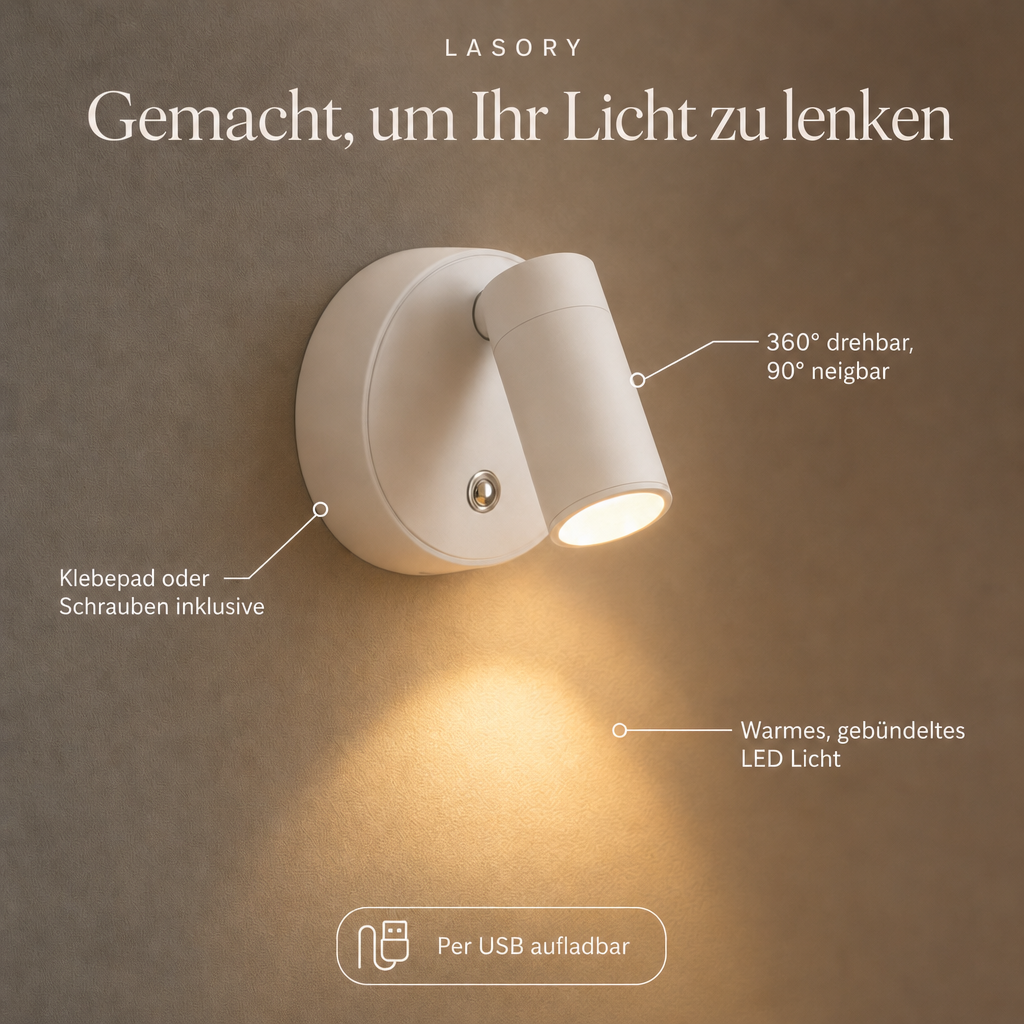 EasyLight Details: Spotkopf 360 Grad drehbar und 90 Grad neigbar, Klebepad oder Schrauben, per USB aufladbar