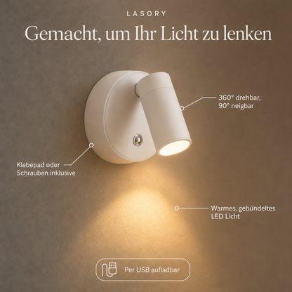 EasyLight Details: Spotkopf 360 Grad drehbar und 90 Grad neigbar, Klebepad oder Schrauben, per USB aufladbar