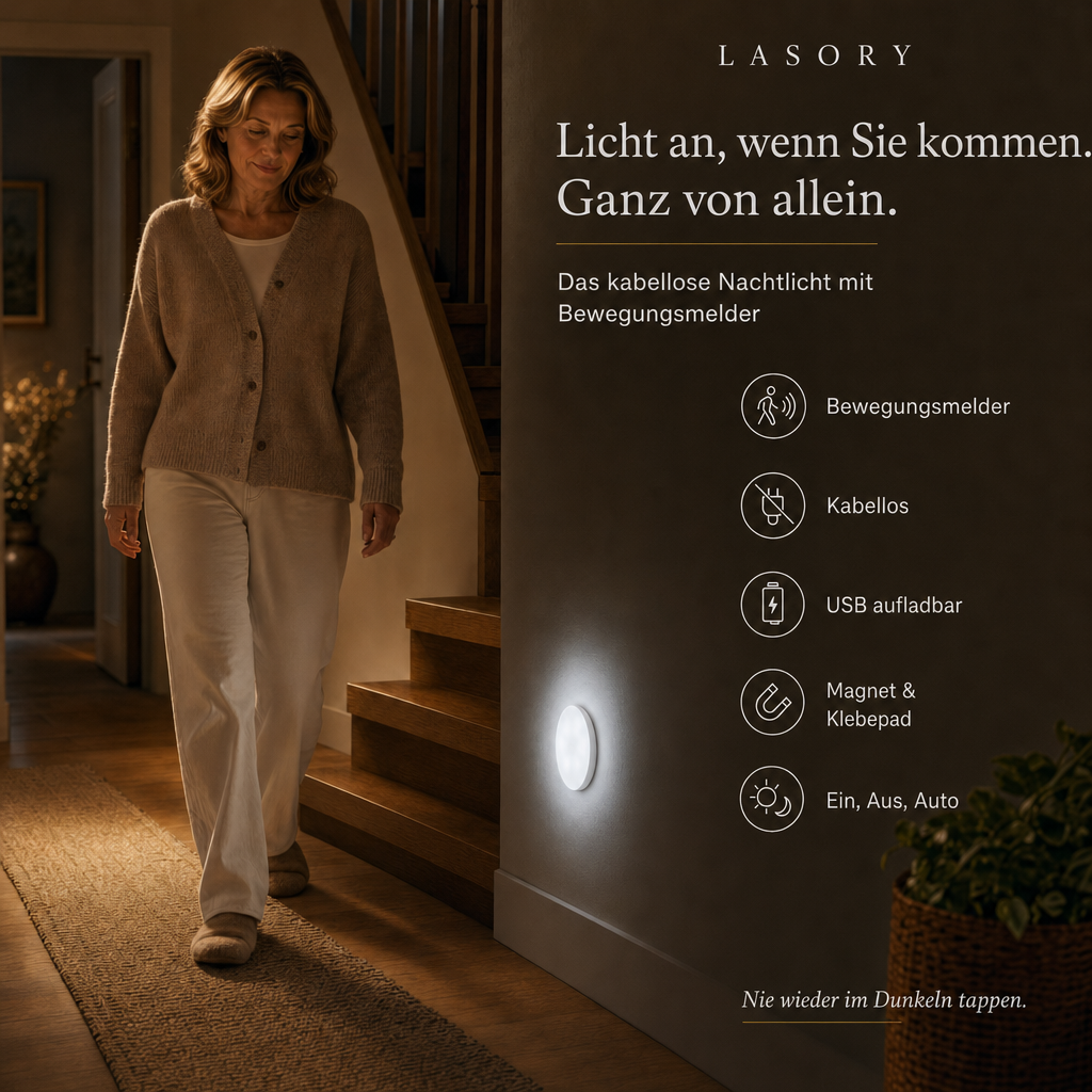 Frau geht nachts durch den Flur, das LumiBeam Nachtlicht mit Bewegungsmelder geht von selbst an