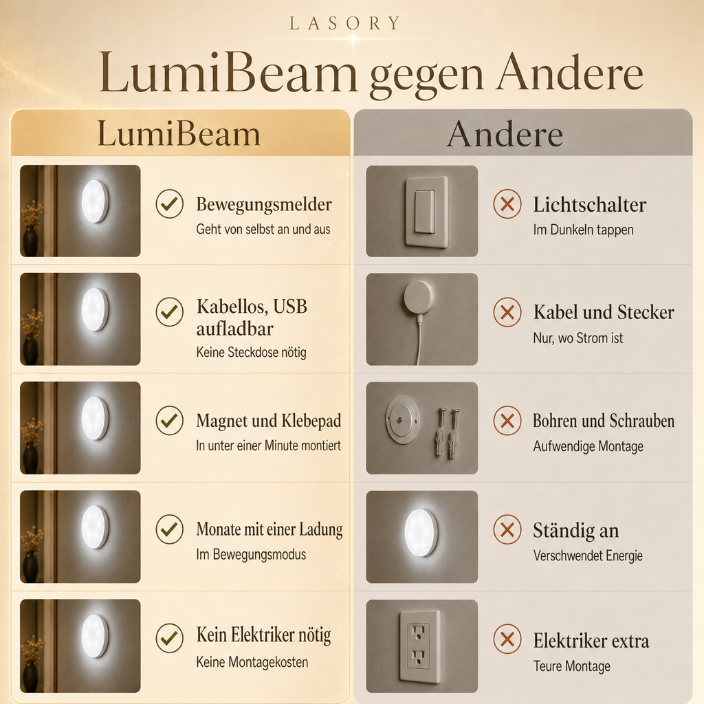 LumiBeam gegen Andere: Nachtlicht mit Bewegungsmelder, kabellos, USB aufladbar, Magnet und Klebepad