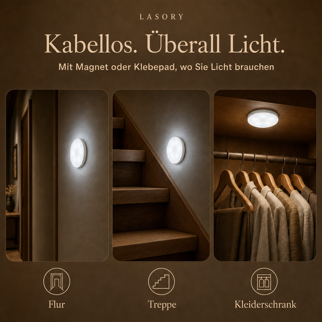 Kabelloses LumiBeam Sensorlicht im Flur, an der Treppe und im Kleiderschrank