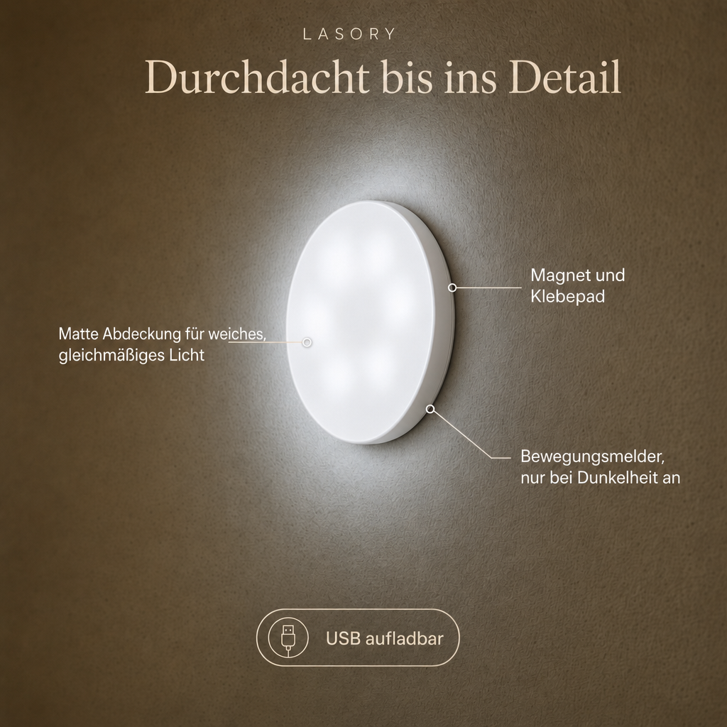 LumiBeam Details: matte Abdeckung für weiches Licht, Magnet und Klebepad, Bewegungsmelder, USB aufladbar