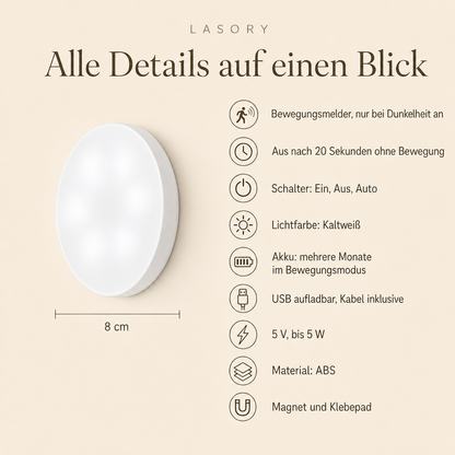 LumiBeam alle Details auf einen Blick: 8 cm, Bewegungsmelder, aus nach 20 Sekunden, USB aufladbar, Magnet und Klebepad