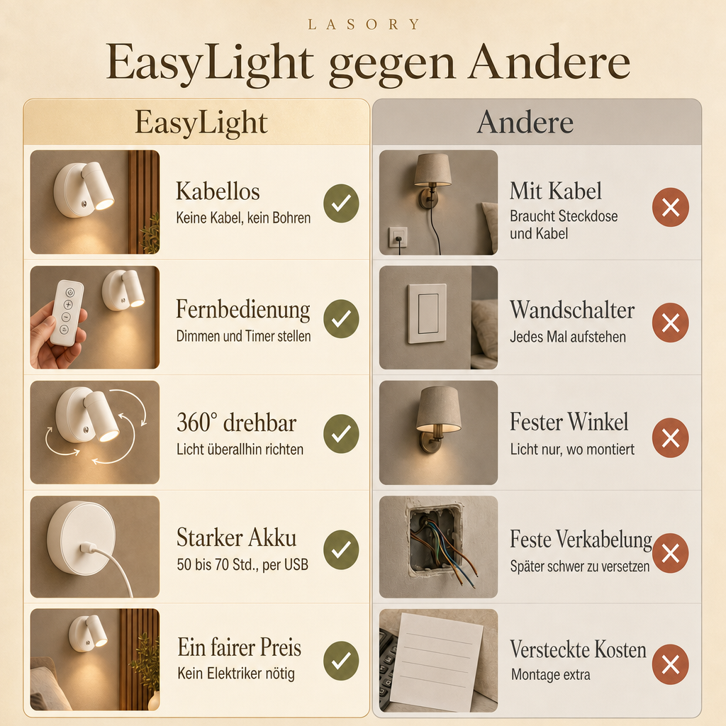 EasyLight gegen Andere: kabelloser Wandspot mit Fernbedienung, 360 Grad drehbar und USB Akku
