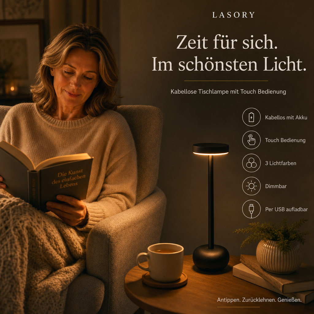 Frau liest im Sessel neben der kabellosen LumiBistro Tischlampe mit Touch Bedienung