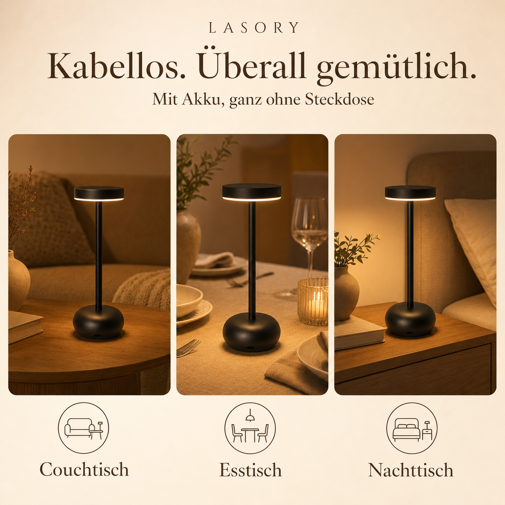 Kabellose LumiBistro Tischlampe auf Couchtisch, Esstisch und Nachttisch