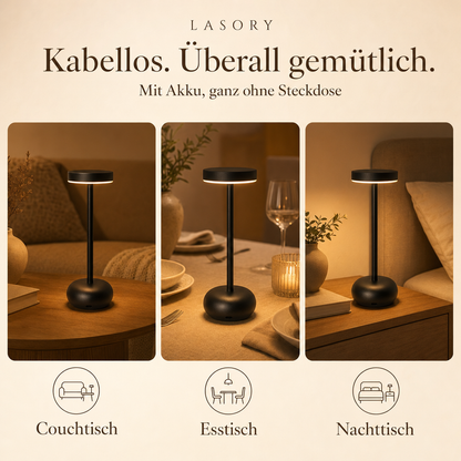 Kabellose LumiBistro Tischlampe auf Couchtisch, Esstisch und Nachttisch