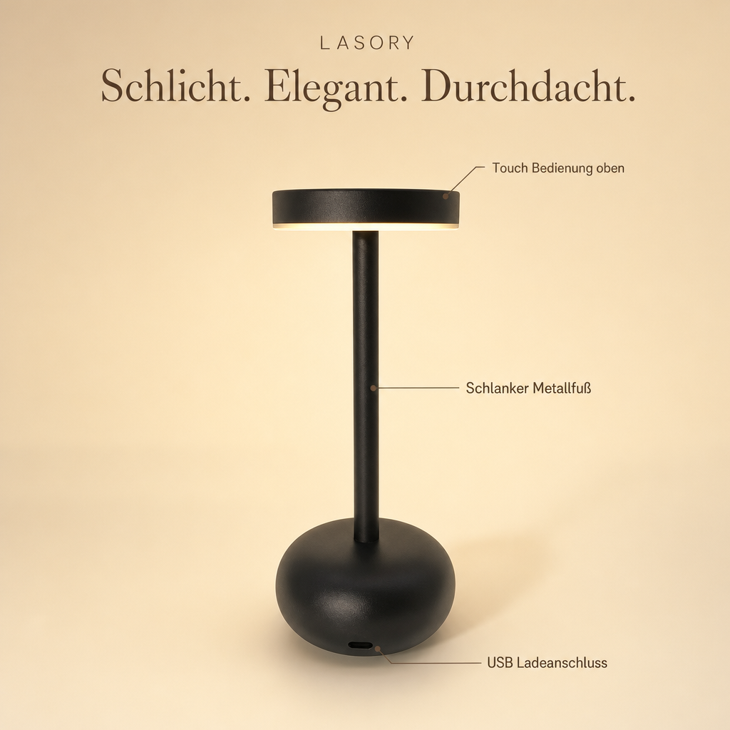 LumiBistro Details: Touch Bedienung oben, schlanker Metallfuß, USB Ladeanschluss
